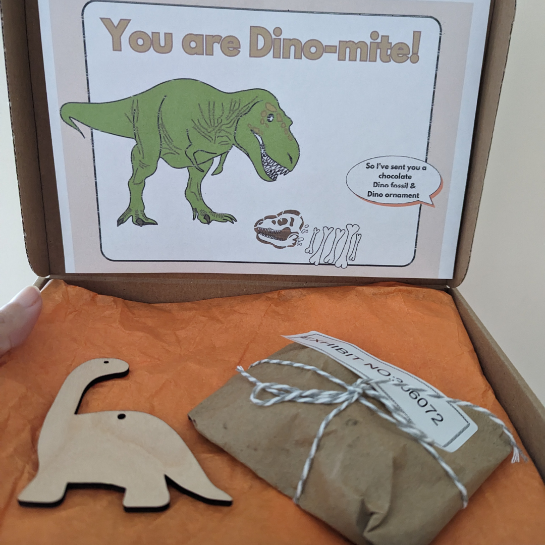 Brontosaurus Dinosaur and fossil kit with 'You are Dino-mite' message