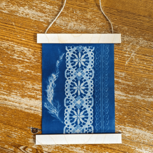 Group craft cyanotype with wooden and twine hanging mount