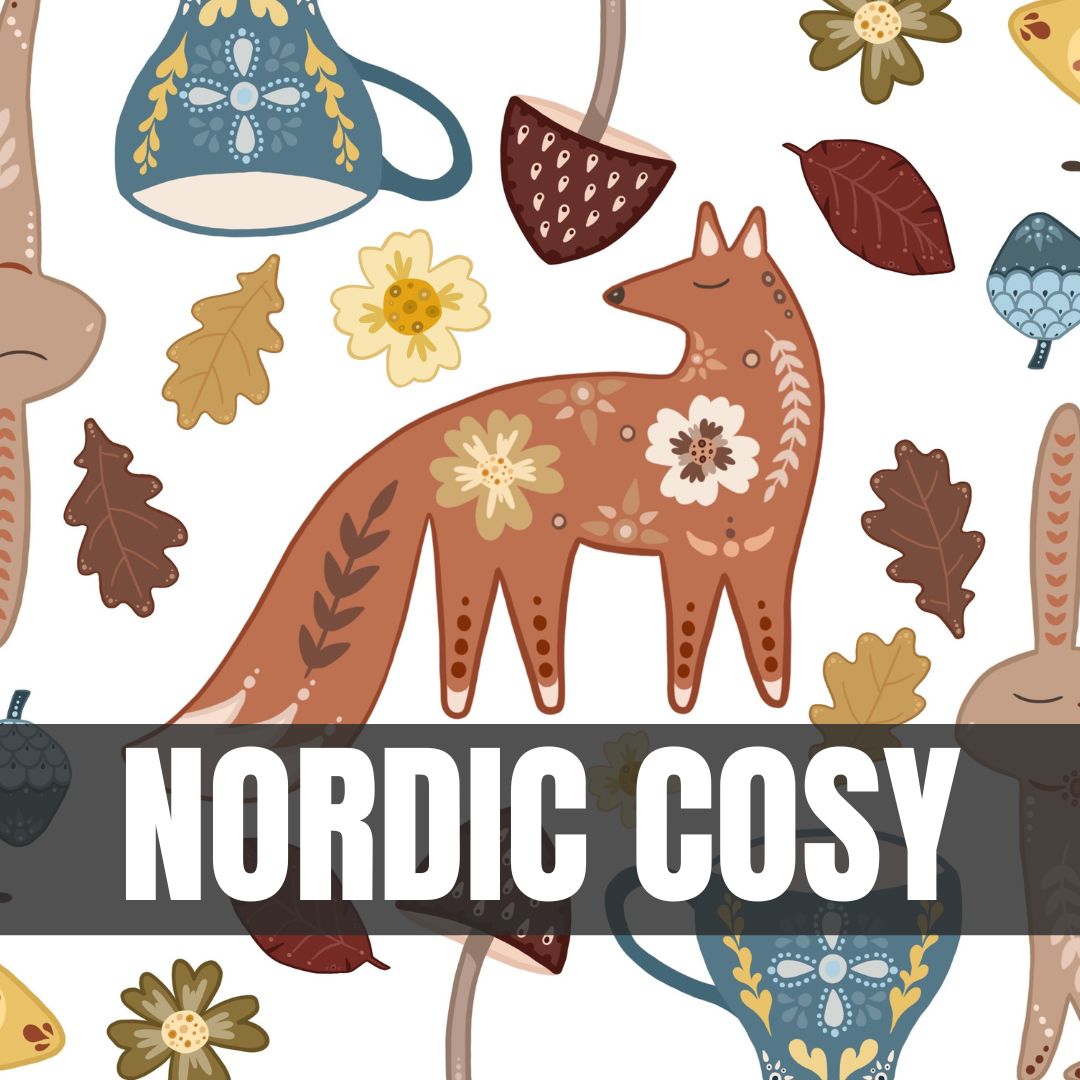 Nordic Cosy Box cartoon images of animals in autumnal colours