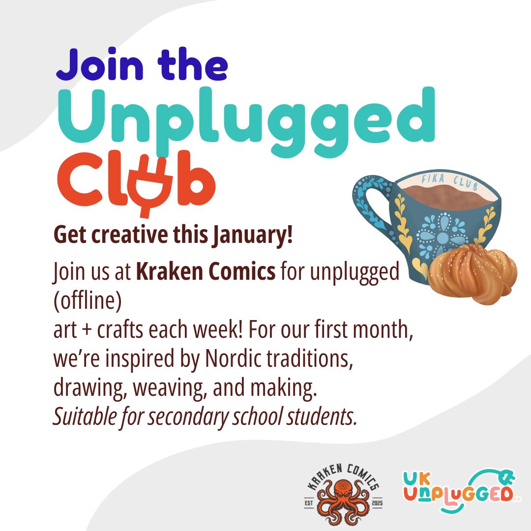 Join the Unplugged Club- Poster with a fika club badge on it (a tea cup in a folksy blue and yellow with a cardamom bun beside it)