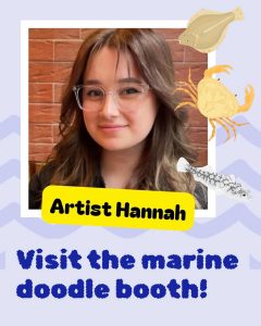 Hannah the artist and a few of her drawings of crabs and fish