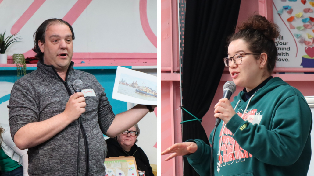 A man holding a paper on the left and a woman using glasses and speaking on the right