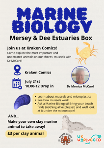 Poster for Marine Biology event, It shows a picture of Monica Mc Card and has cartoon mussels, crabs and seals on it.