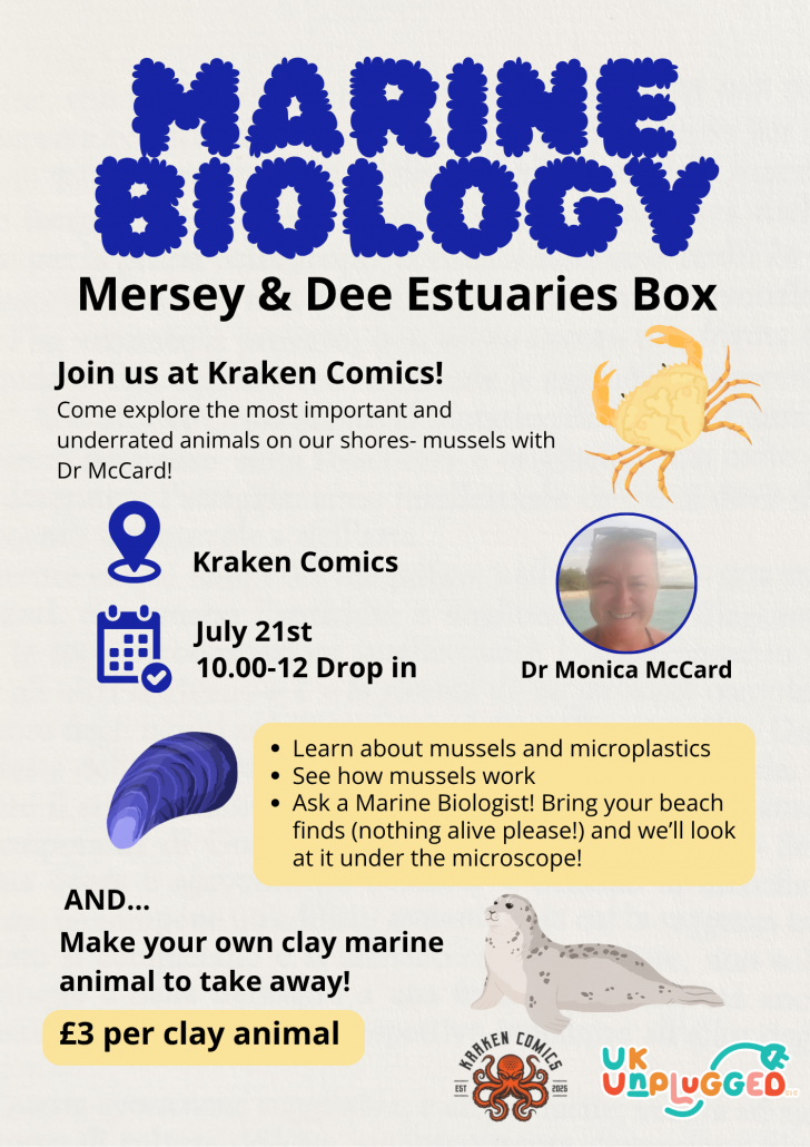 Poster for Marine Biology event, It shows a picture of Monica Mc Card and has cartoon mussels, crabs and seals on it.