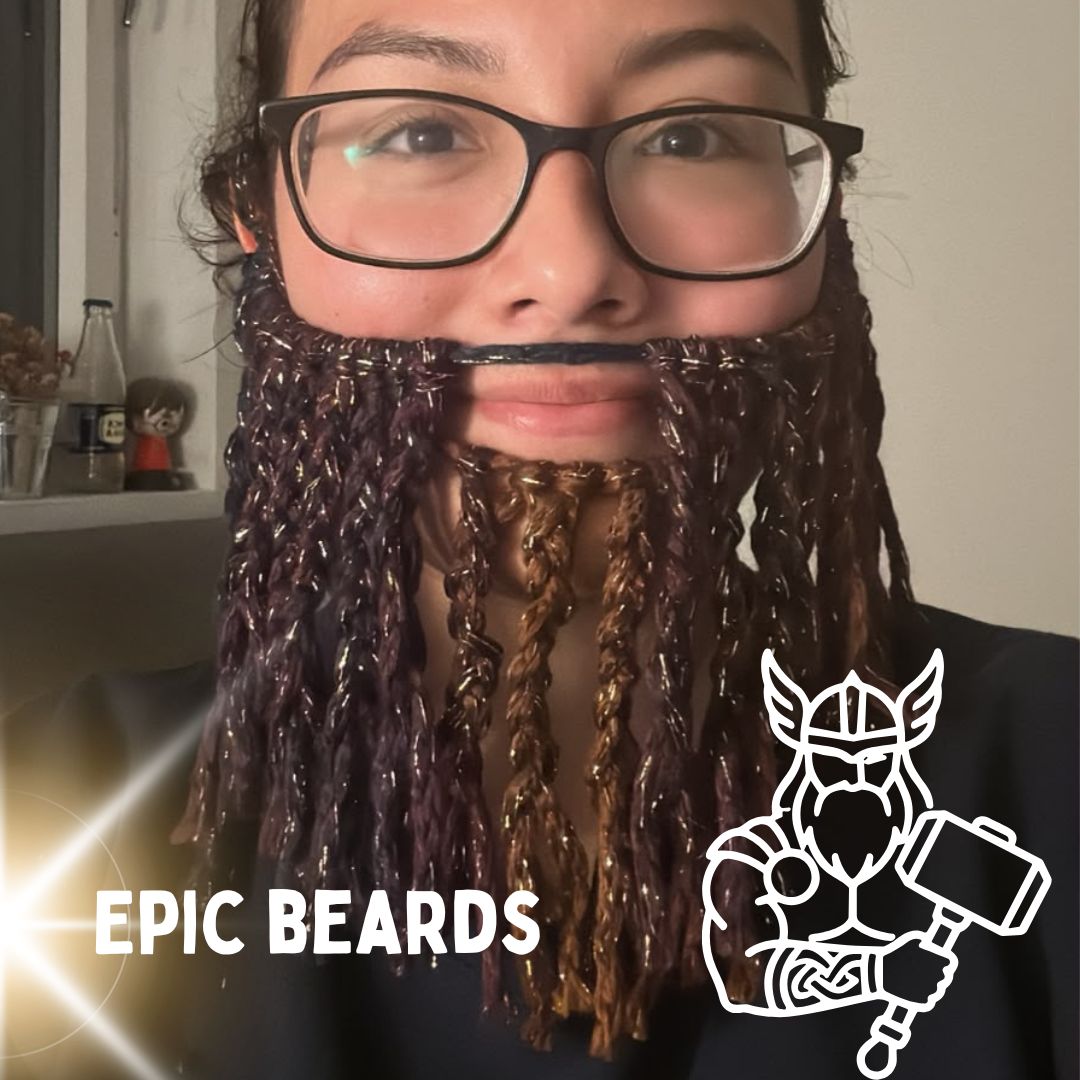 a fake beard made from wool on a smiling woman