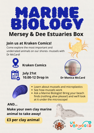 Poster for Marine Biology event, It shows a picture of Monica Mc Card and has cartoon mussels, crabs and seals on it.