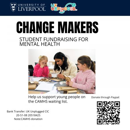 Change Maker student fundraising poster with an image of student architect working with two young people using an unplugged box